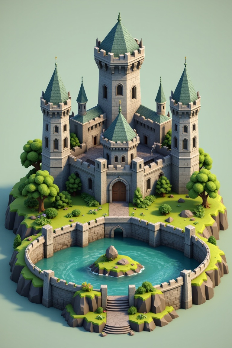 A 3D isometric view of a medieval castle with tall towers and a deep moat. The dominant colors are stone gray and green,...