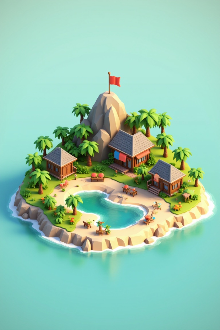 A 3D miniature island with lush trees,  sandy beaches,  and cozy cabins. The scene is set in a tropical paradise on Tensor...