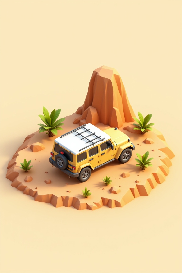 Isometric 3D rendering of a yellow jeep on a sandy desert surface,  with a white roof and black ladder atop. The scene fea...