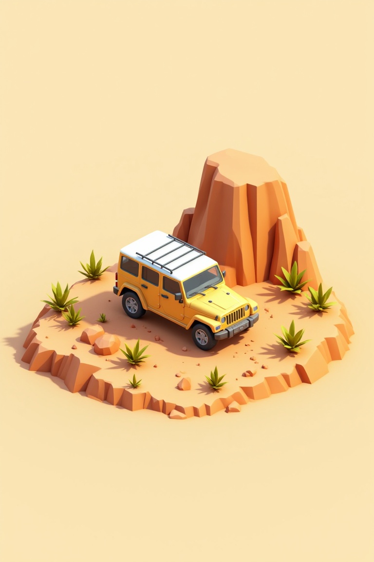 Isometric 3D rendering of a yellow jeep on a sandy desert surface,  with a white roof and black ladder atop. The scene fea...