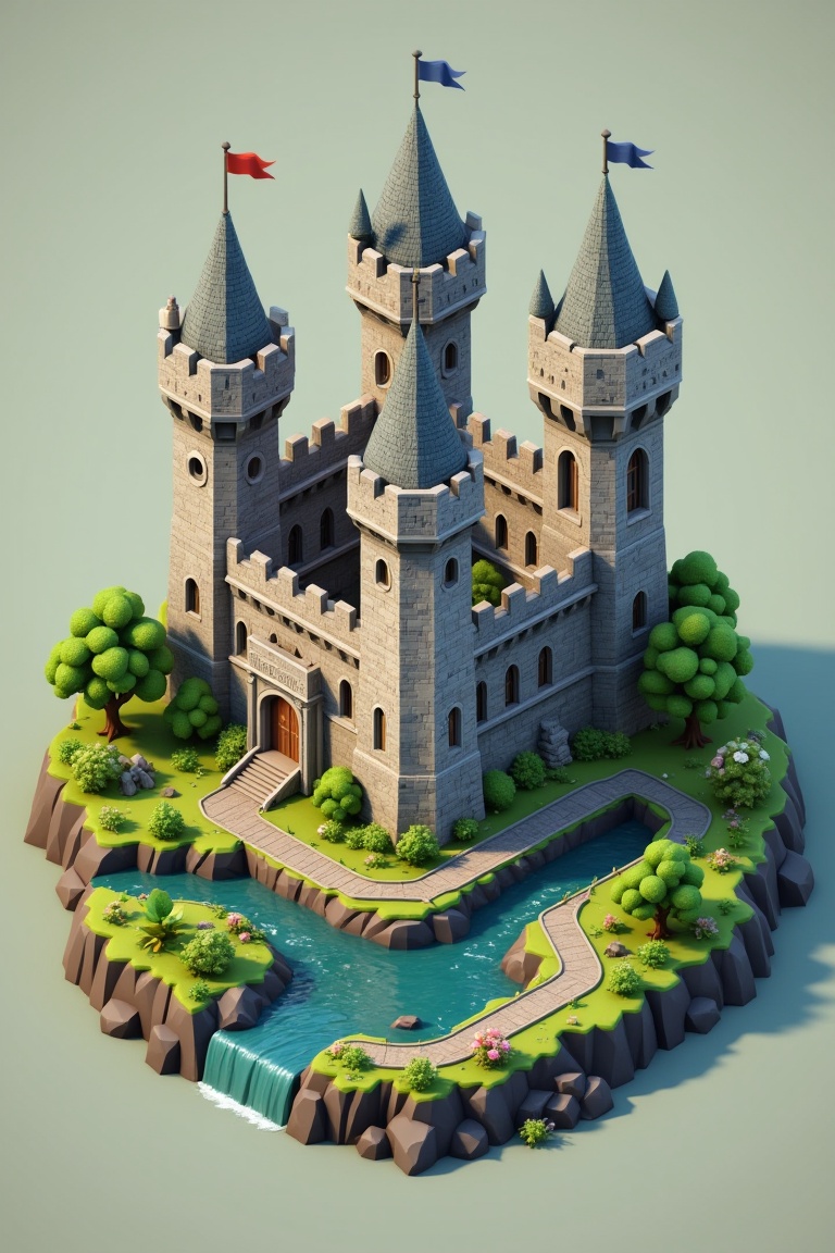 A 3D isometric view of a medieval castle with tall towers and a deep moat. The dominant colors are stone gray and green,...
