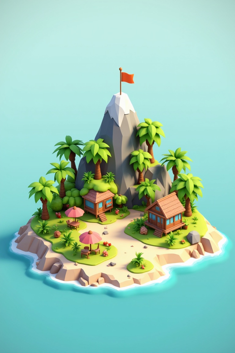 A 3D miniature island with lush trees,  sandy beaches,  and cozy cabins. The scene is set in a tropical paradise on Tensor...