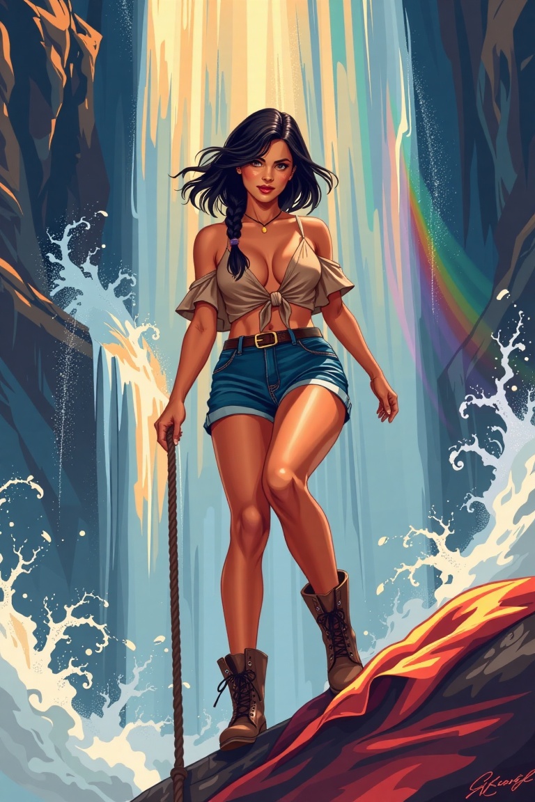 illustration of vintage inspired pin-up beauty,  Jacqueline Fernandez,  her raven tresses tousled by wind on Tensor.Art