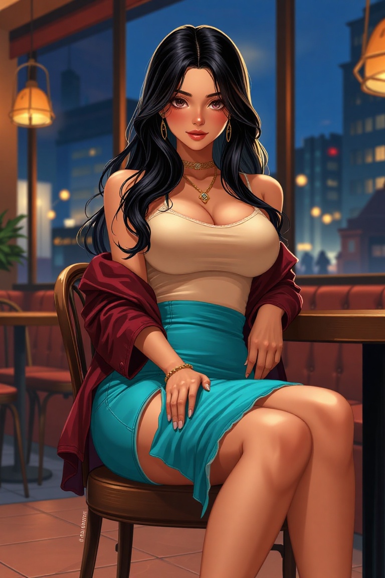 close up,  illustration of young woman,  long black wavy hair on Tensor.Art