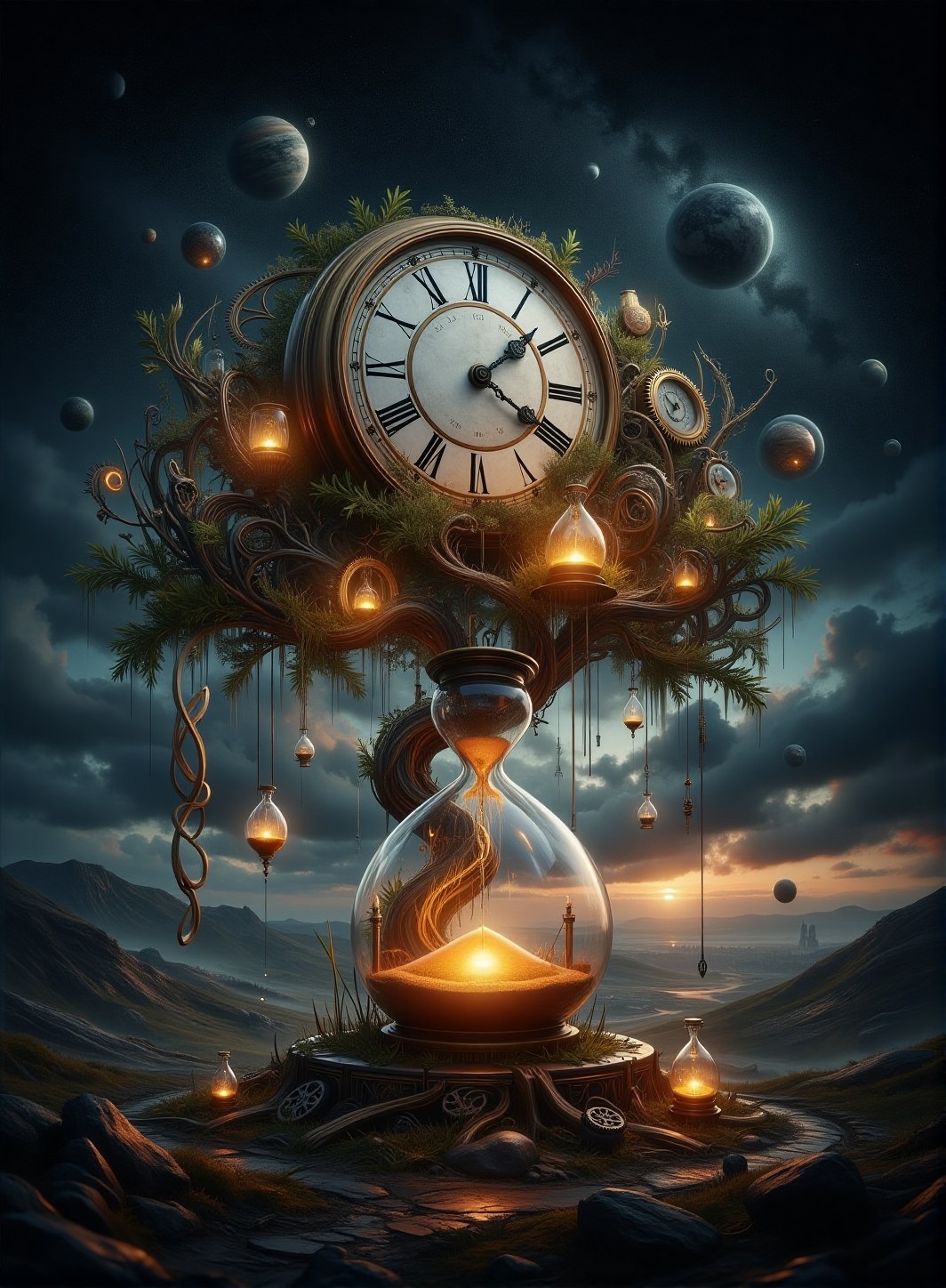 A giant tree in the middle of a timeless void,  its branches made of intertwining clock hands and gears. The leaves are tr...