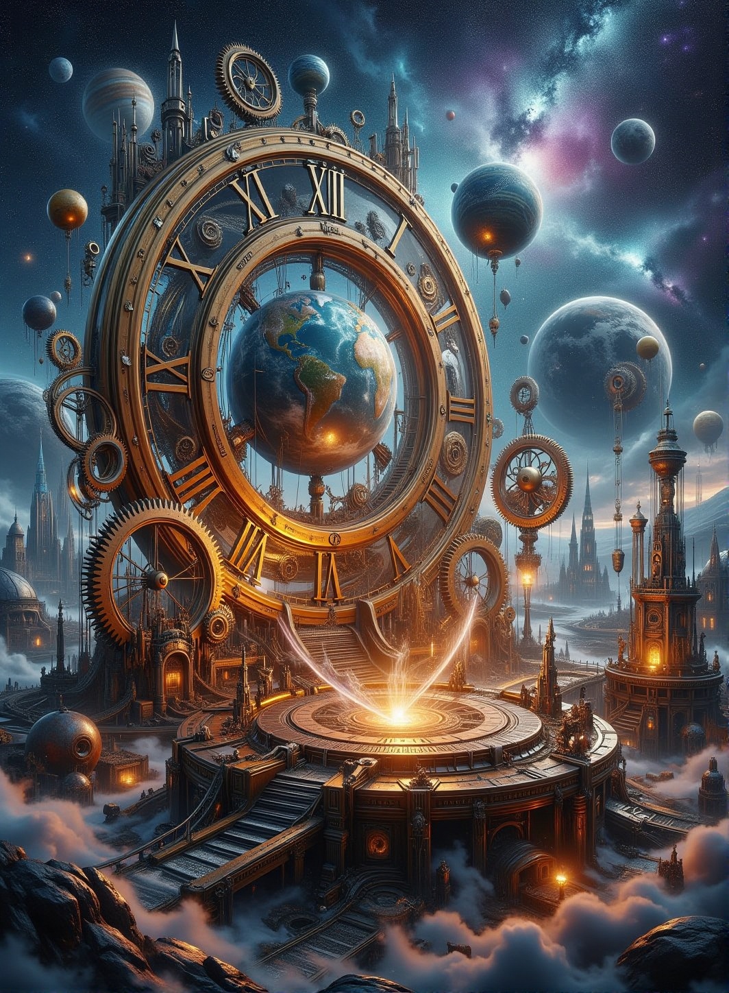 A vast celestial expanse where the entire universe operates like an intricate clockwork mechanism. Giant,  golden gears ro...