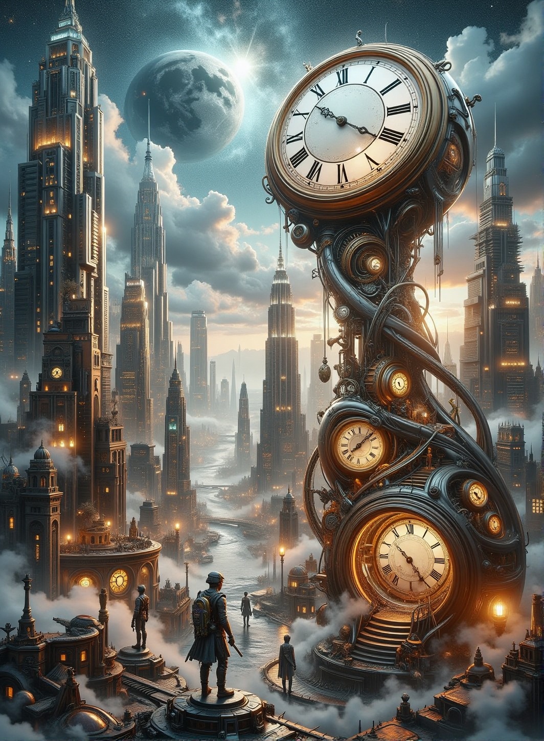 A futuristic city where towering skyscrapers are shaped like intricate clocks,  with spinning gears and oscillating pendul...