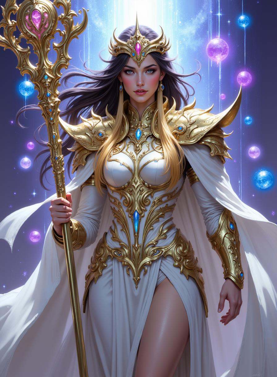 Justicar Syndra,  a regal and elegant character,  wearing ornate gold and white armor with flowing white fabric. She has l...