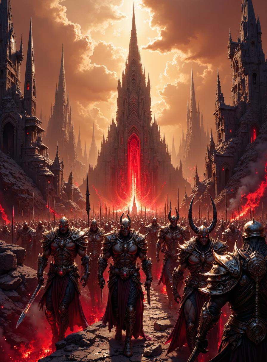 A twisted landscape of celestial hell features towering spires of obsidian and swirling acrid haze,  echoing with the crie...