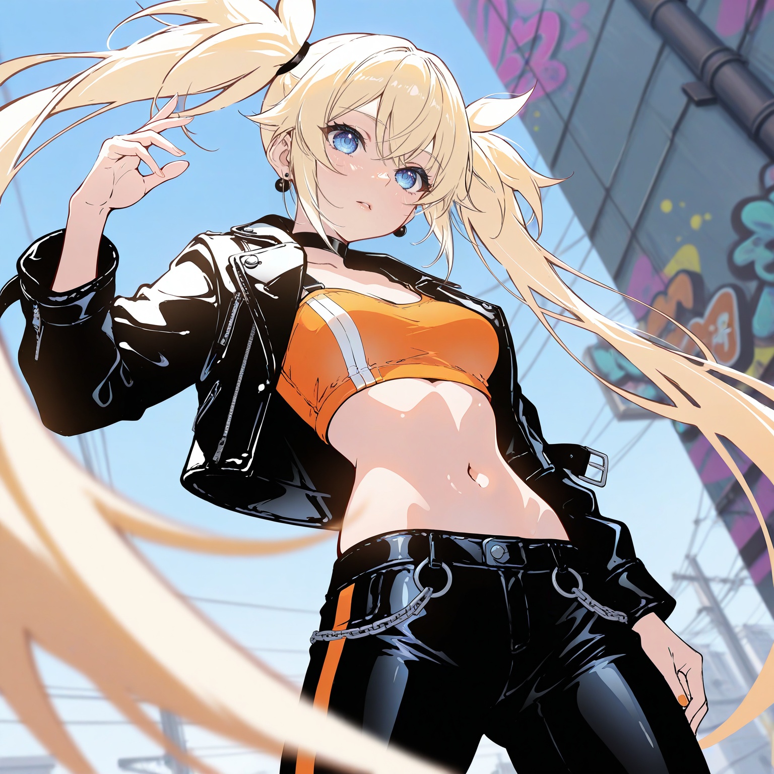 concept art,  cowboy shot,  Check out this anime character in a stylish black leather jacket and a bold crop top. Her blon...