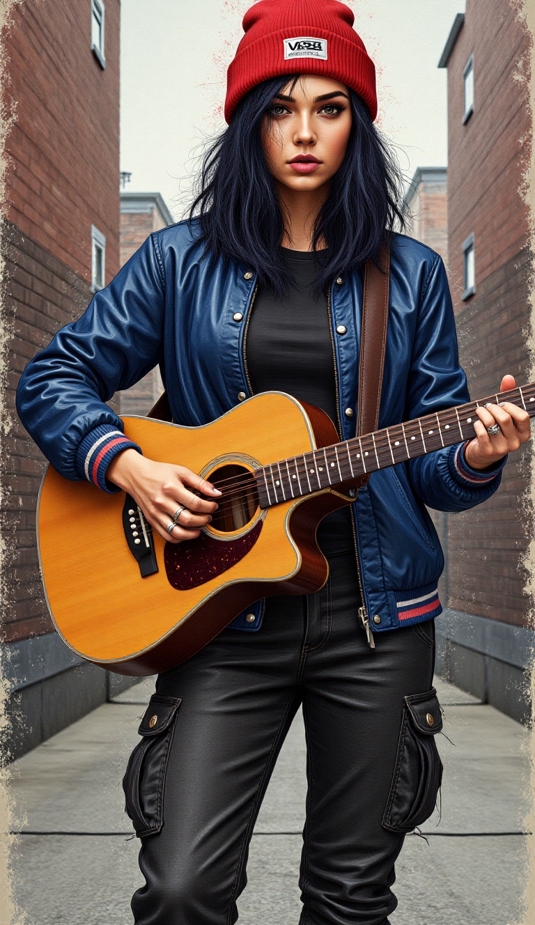 In a grunge art paint style,  a young woman stands in the street,  playing an acoustic guitar. She’s dressed in casual str...