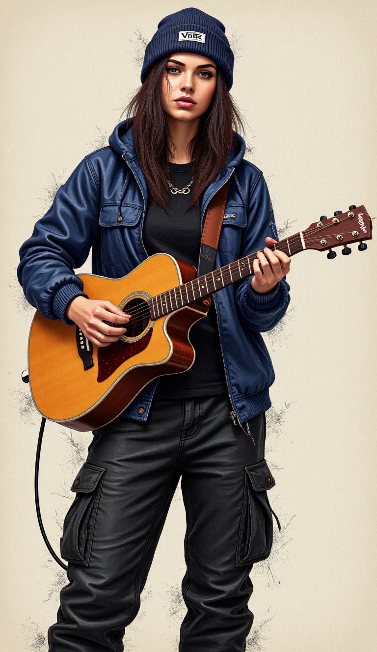 In a grunge art paint style,  3/4 view,  a young woman playing an acoustic guitar. She’s dressed in casual streetwear— a t...