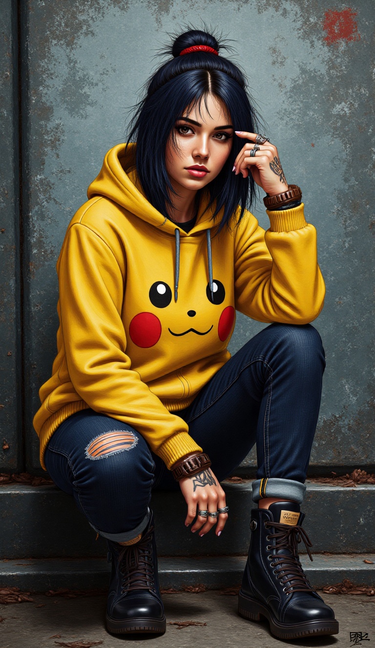 Grunge art painting style:close up image features a cyberpunk-inspired subject sitting on a weathered rooftop. The lightin...