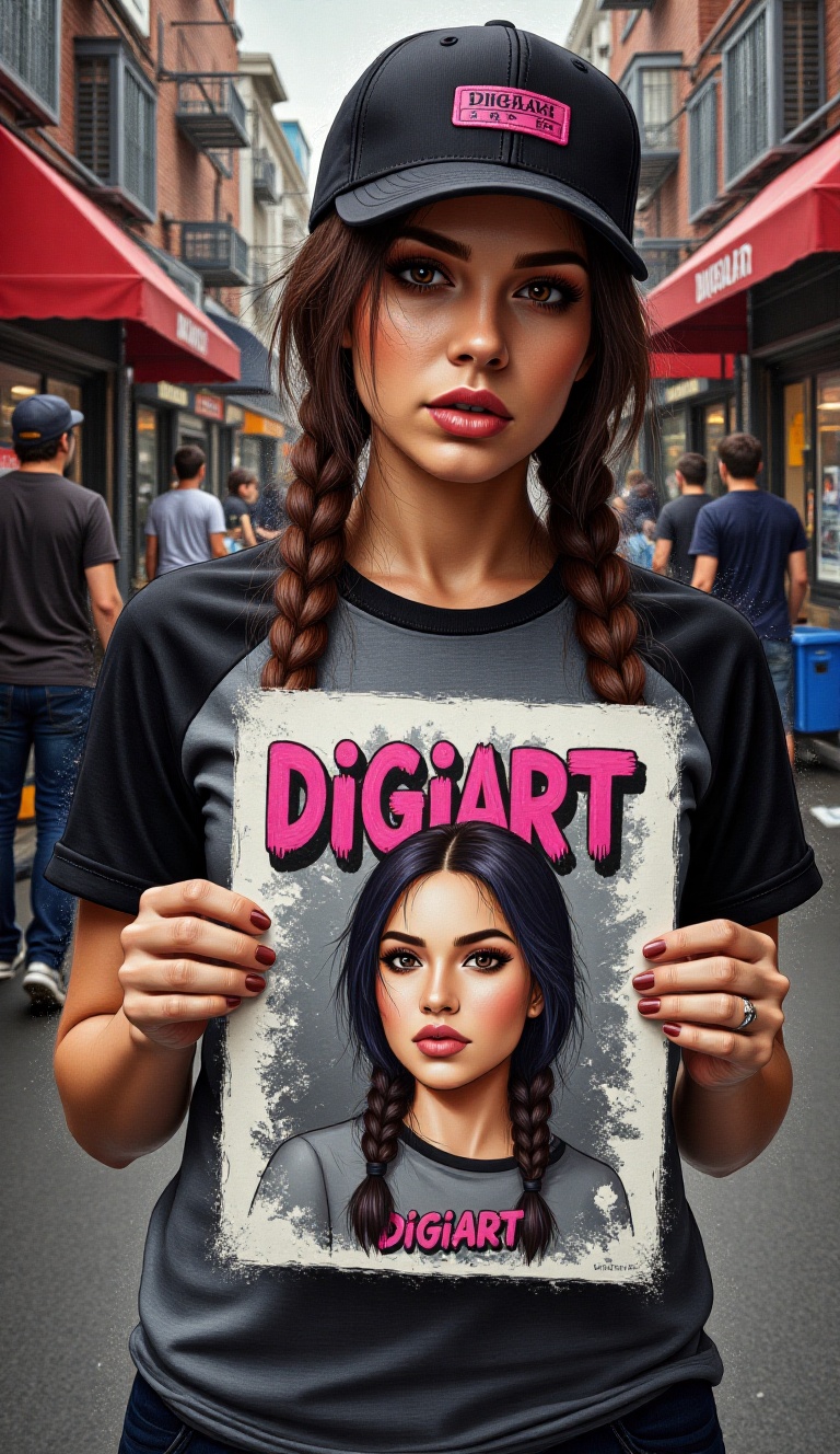 Grunge art painting style:a woman with long,  double braided hair stands confidently amidst a bustling urban street,  wear...