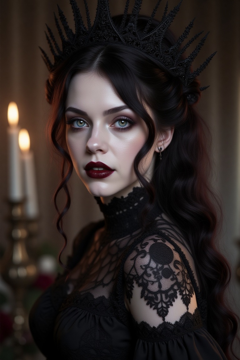 Photograph of a beautiful young woman,  interiors,  gothic dark fantasy on Tensor.Art