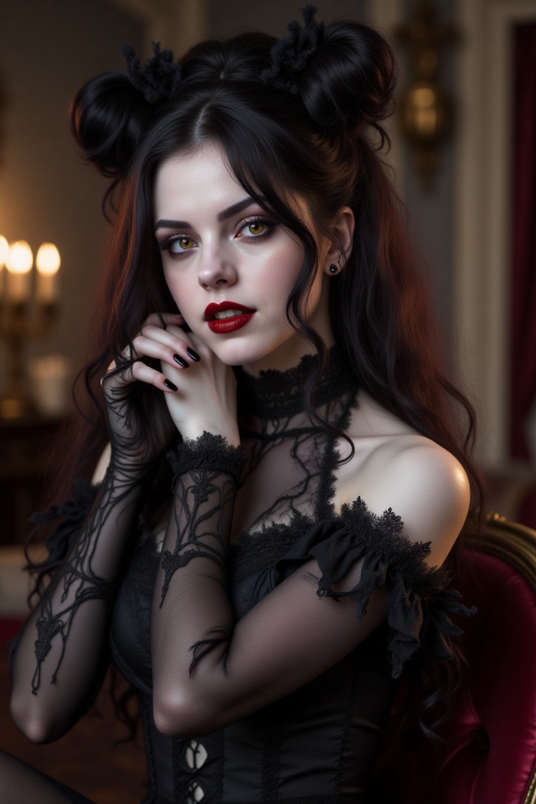 Photograph of a beautiful young woman,  A captivating young woman who is a harmonious blend of macabre quirkiness and dark...