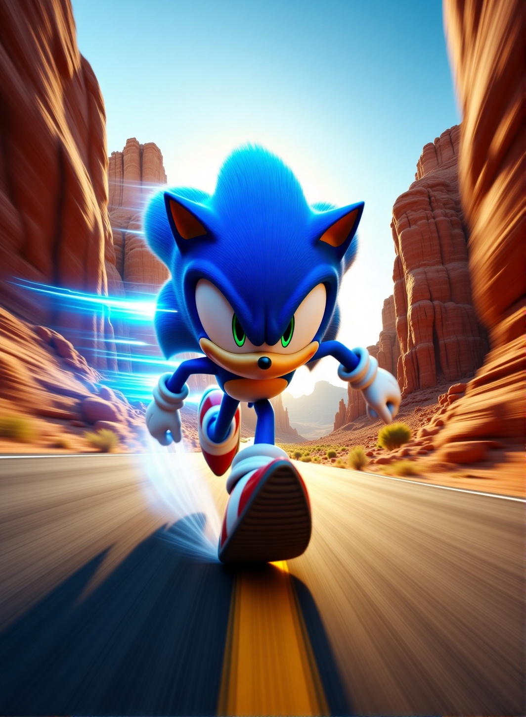 sonic in blurr speedy stop motion,  running in mach 5 speeding on road canyon. convey a sense of speed and dynamism,  addi...