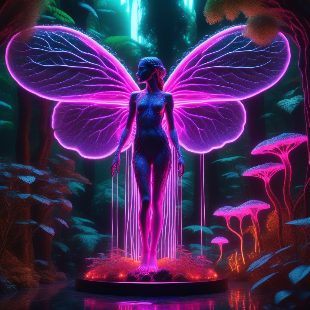 A hyper-realistic Erinyes in a botanical garden,  surrounded by lush greenery and vibrant flora. The scene is illuminated...