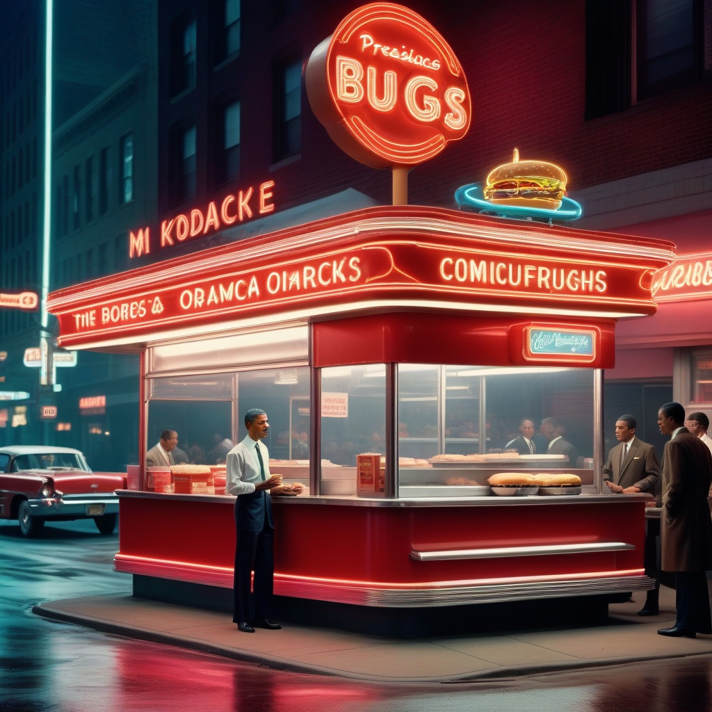 A high-res analog photo of President Barack Obama selling burgers at a fast-food stall in 1960s Chicago at night,  with a...