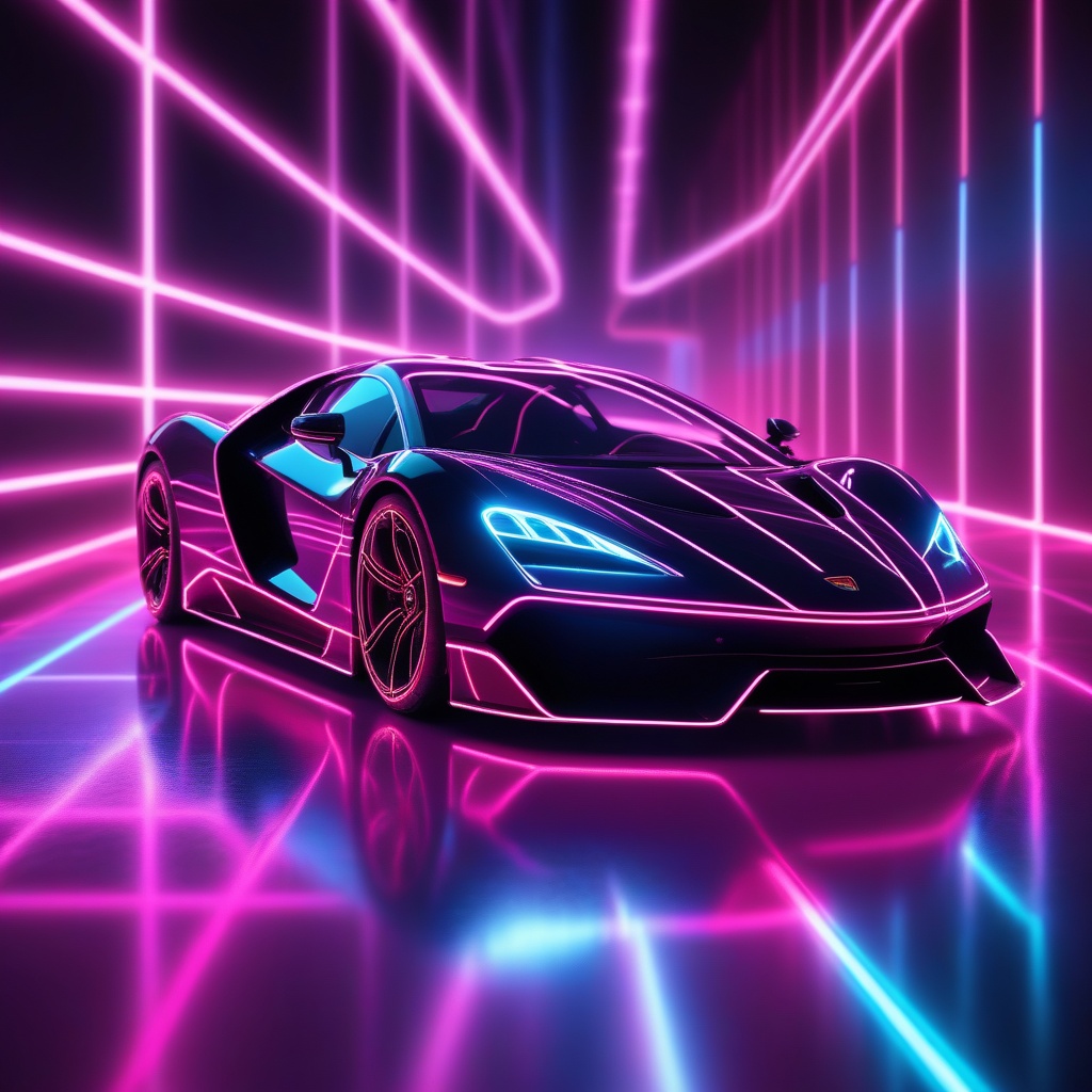 A close-up of a supercar with an abstract background of dynamic neon lines glowing in a dark room,  featuring floor reflec...