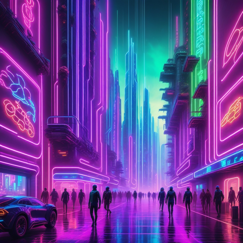 A futuristic city at night,  filled with bright and colorful neon lights. Tall buildings feature neon billboards in variou...