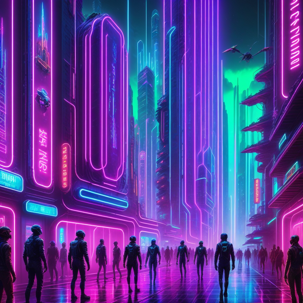 A futuristic city at night,  filled with bright and colorful neon lights. Tall buildings feature neon billboards in variou...