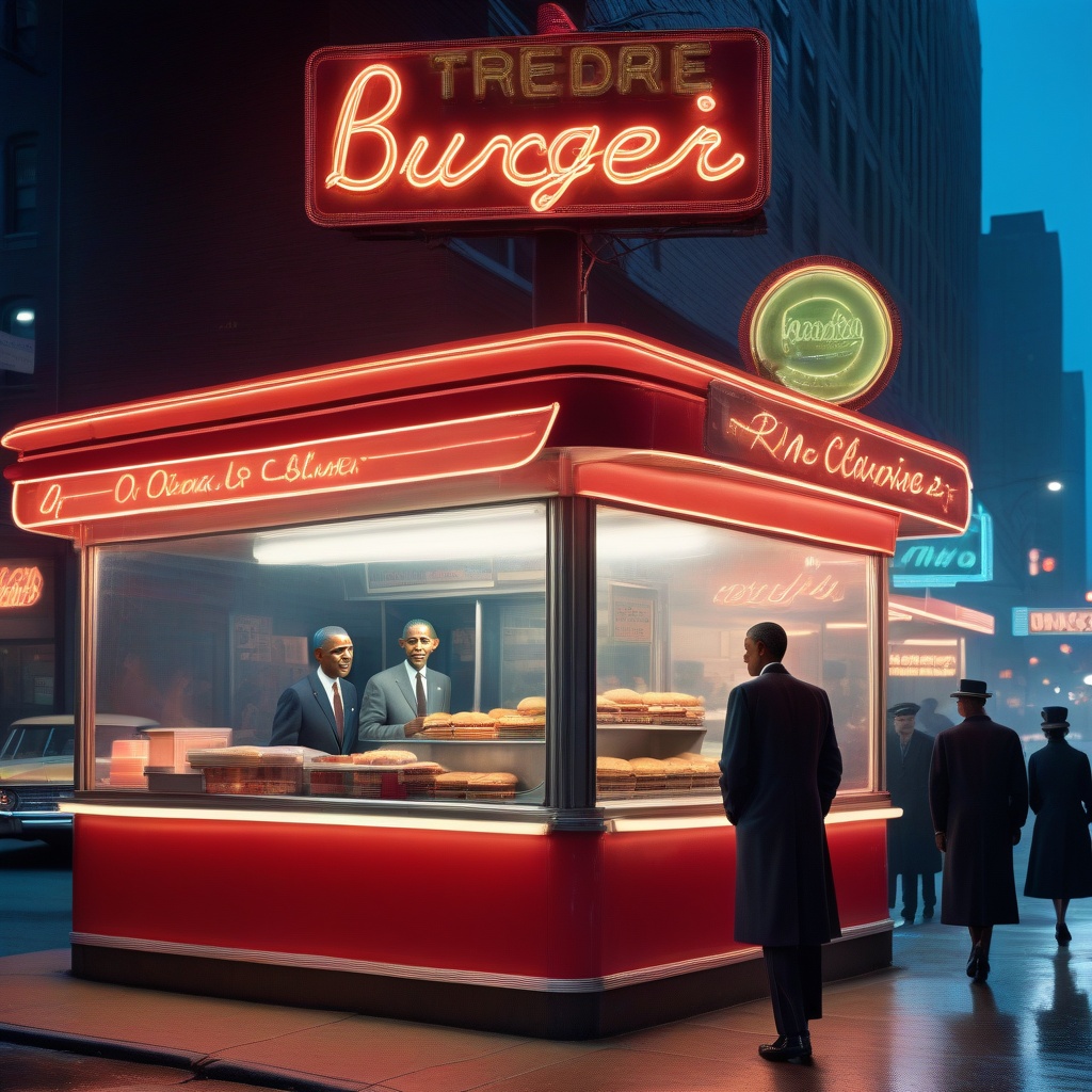 A high-res analog photo of President Barack Obama selling burgers at a fast-food stall in 1960s Chicago at night,  with a...