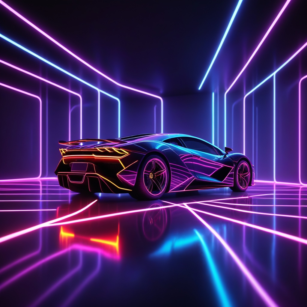 A close-up of a supercar with an abstract background of dynamic neon lines glowing in a dark room,  featuring floor reflec...