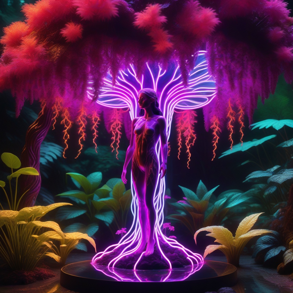 A hyper-realistic Erinyes in a botanical garden,  surrounded by lush greenery and vibrant flora. The scene is illuminated...
