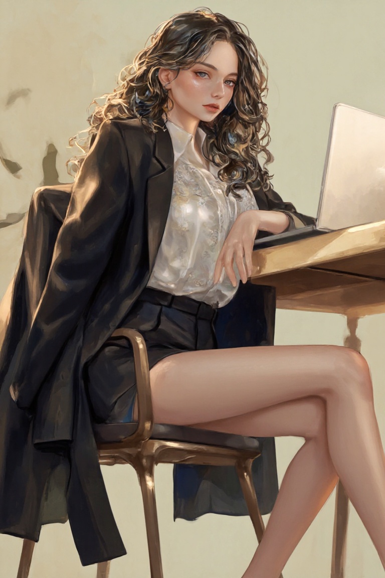 anillust depicts a fashionable woman sitting at an office desk,  her slender legs crossed as she leans forward,  eyes fixe...