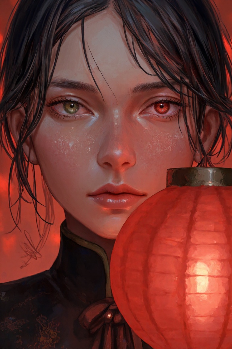 anillust of woman and red lantern,  close-up on Tensor.Art