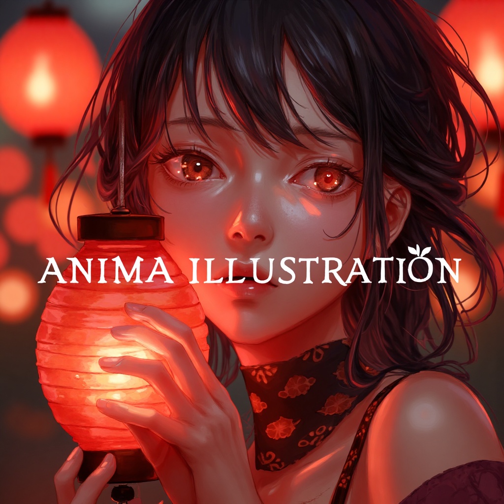 (bold text tittle that read "ANIMA ILLUSTRATION" on center),  the text is prominently displayed anillust of woman and red...