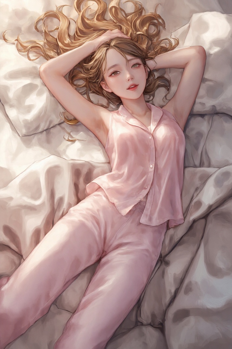 anillust of Asian woman wearing pink pajamas,  lies effortlessly on her back,  the soft focus of the camera framing her fr...
