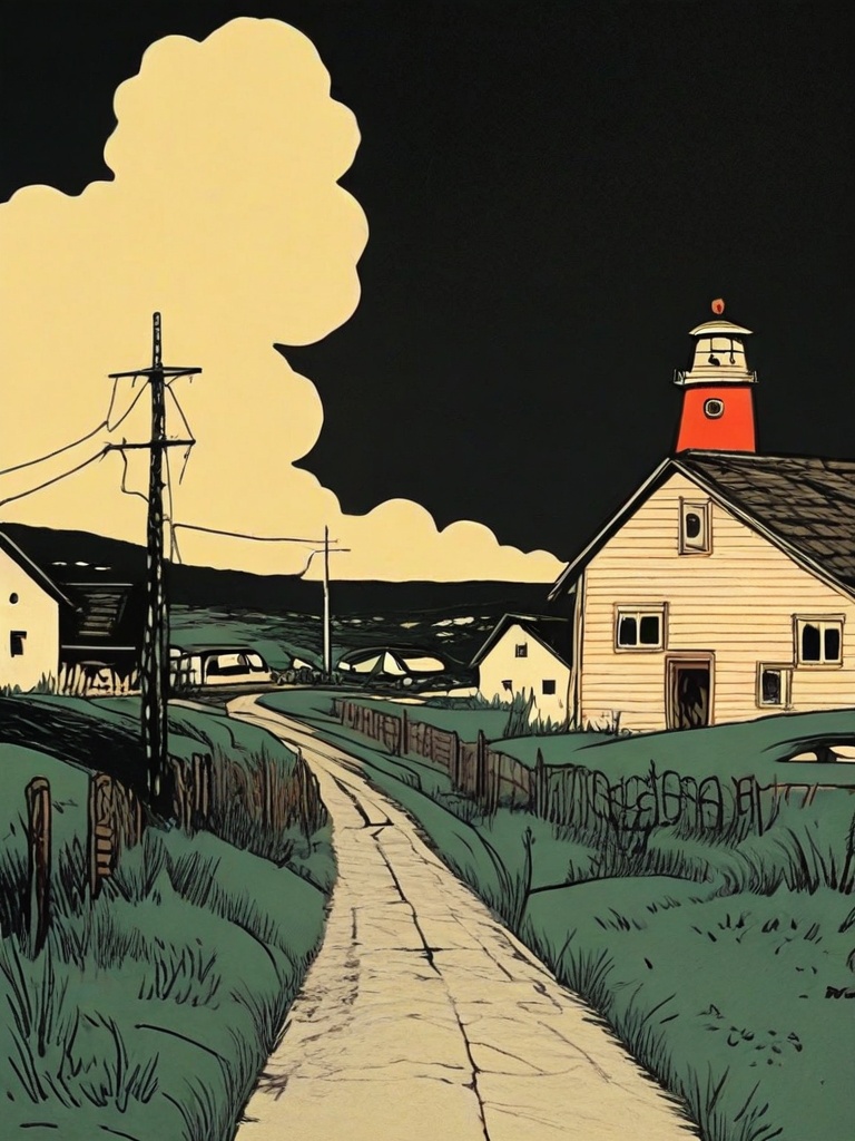 A stylized,  impressionistic illustration of a coastal scene. A red vintage car drives down a paved road leading to a smal...