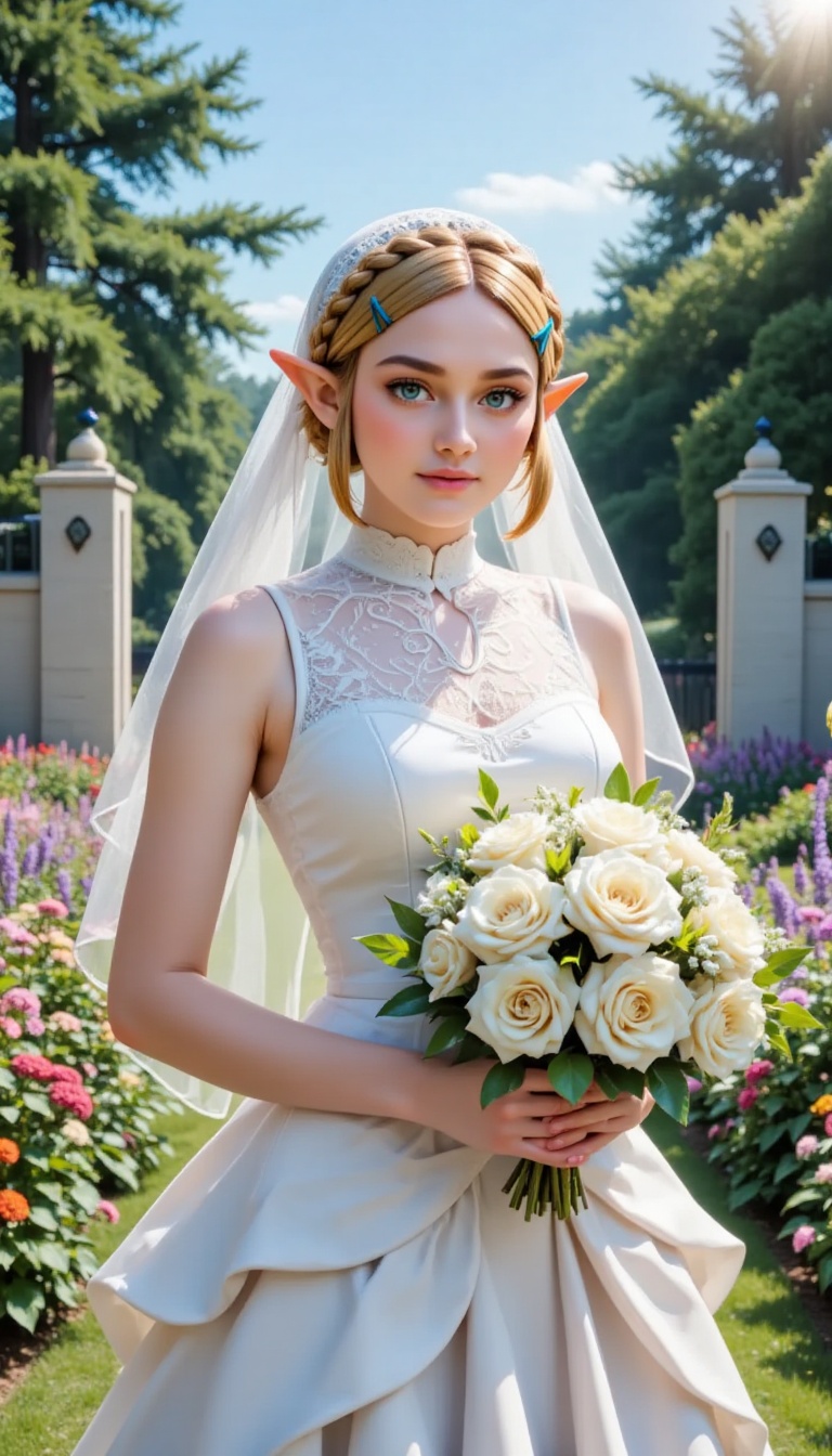 a fair-haired zelda princess,  dressed in a white dress,  is holding a bouquet of white roses in her hands. Her blonde hai...