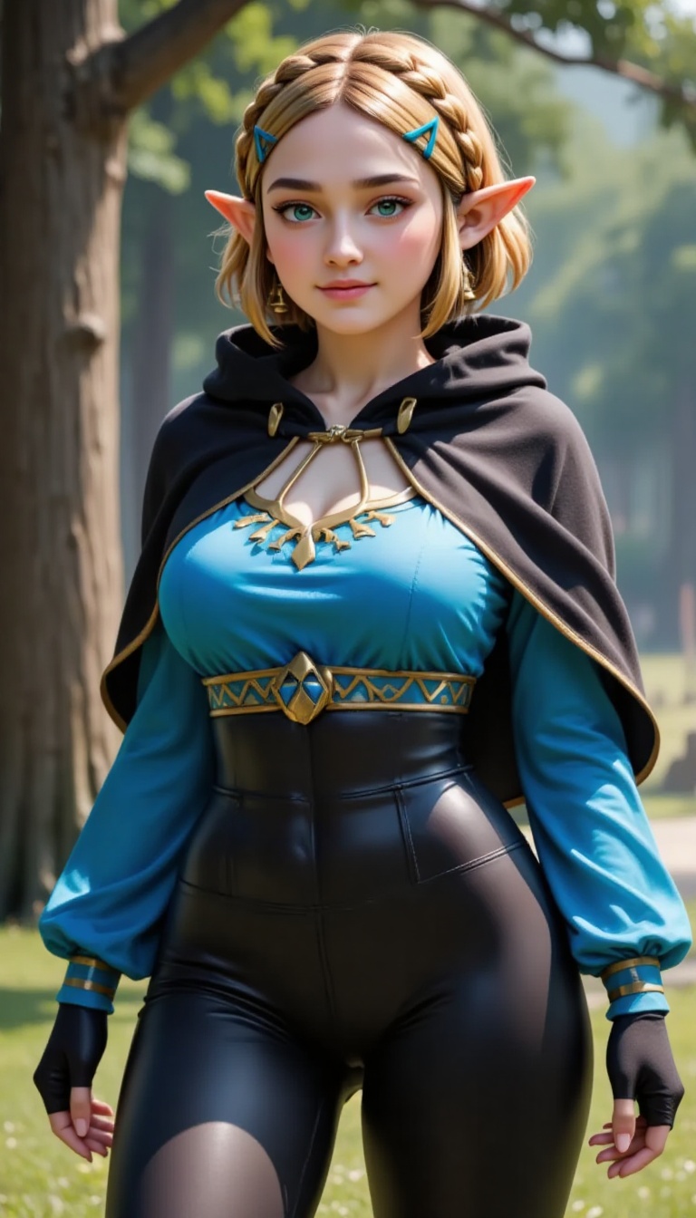 A solo Princess Zelda stands confidently outdoors on a sunny day,  her blonde hair styled with short locks and bangs frami...