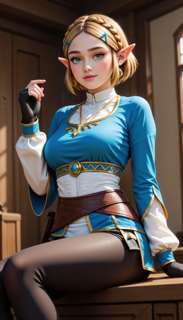 zelda is seated on a wooden ledge. She is dressed in a blue and white outfit,  adorned with a gold belt. Her blonde hair i...