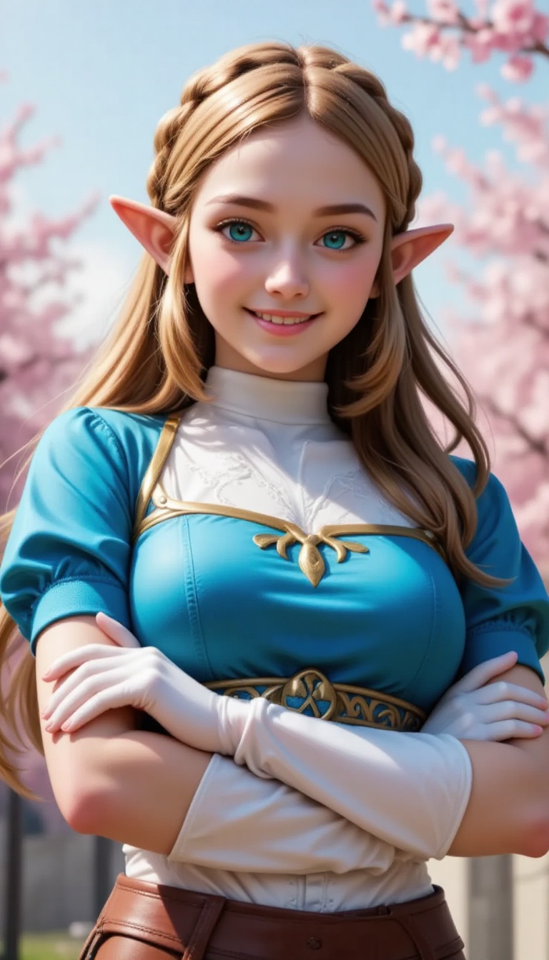 A regal Prince Zelda stands before a serene backdrop of soft pink cherry blossoms against a pale blue sky with gentle whit...