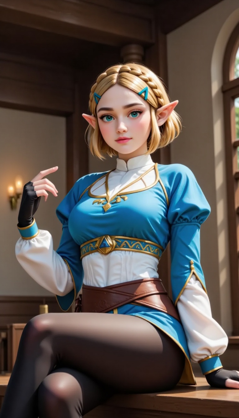 zelda is seated on a wooden ledge. She is dressed in a blue and white outfit,  adorned with a gold belt. Her blonde hair i...