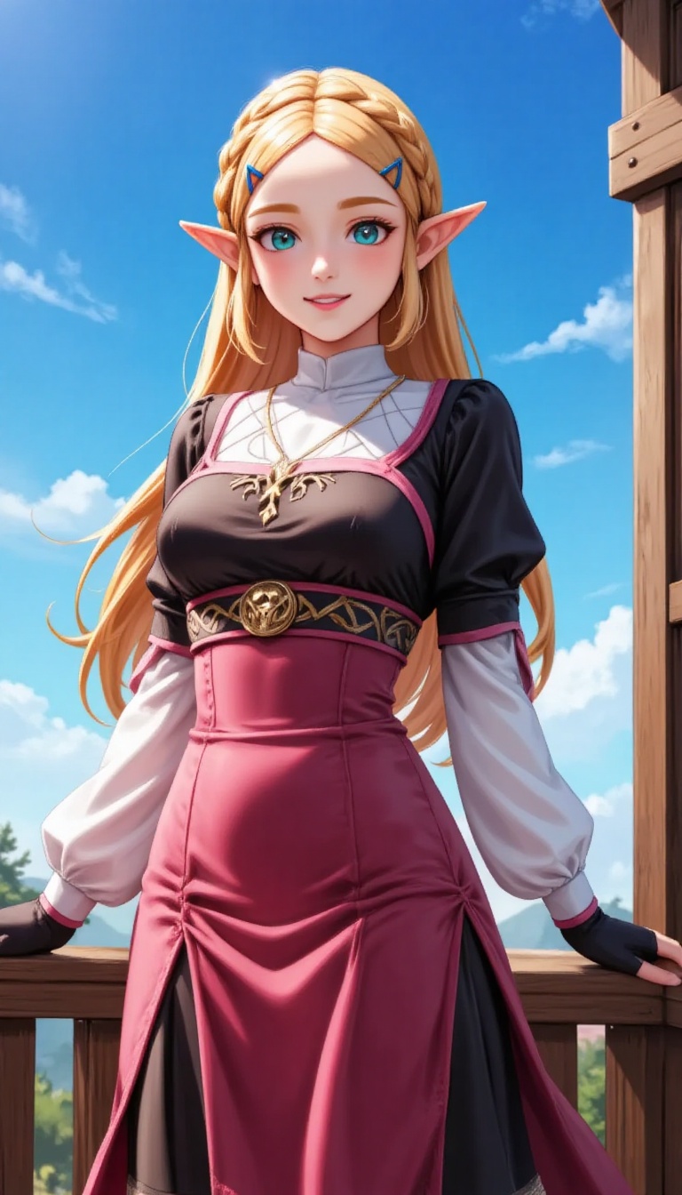 prince zelda with blue eyes and long blonde hair stands in front of a window. She is wearing a pink and black dress with a...