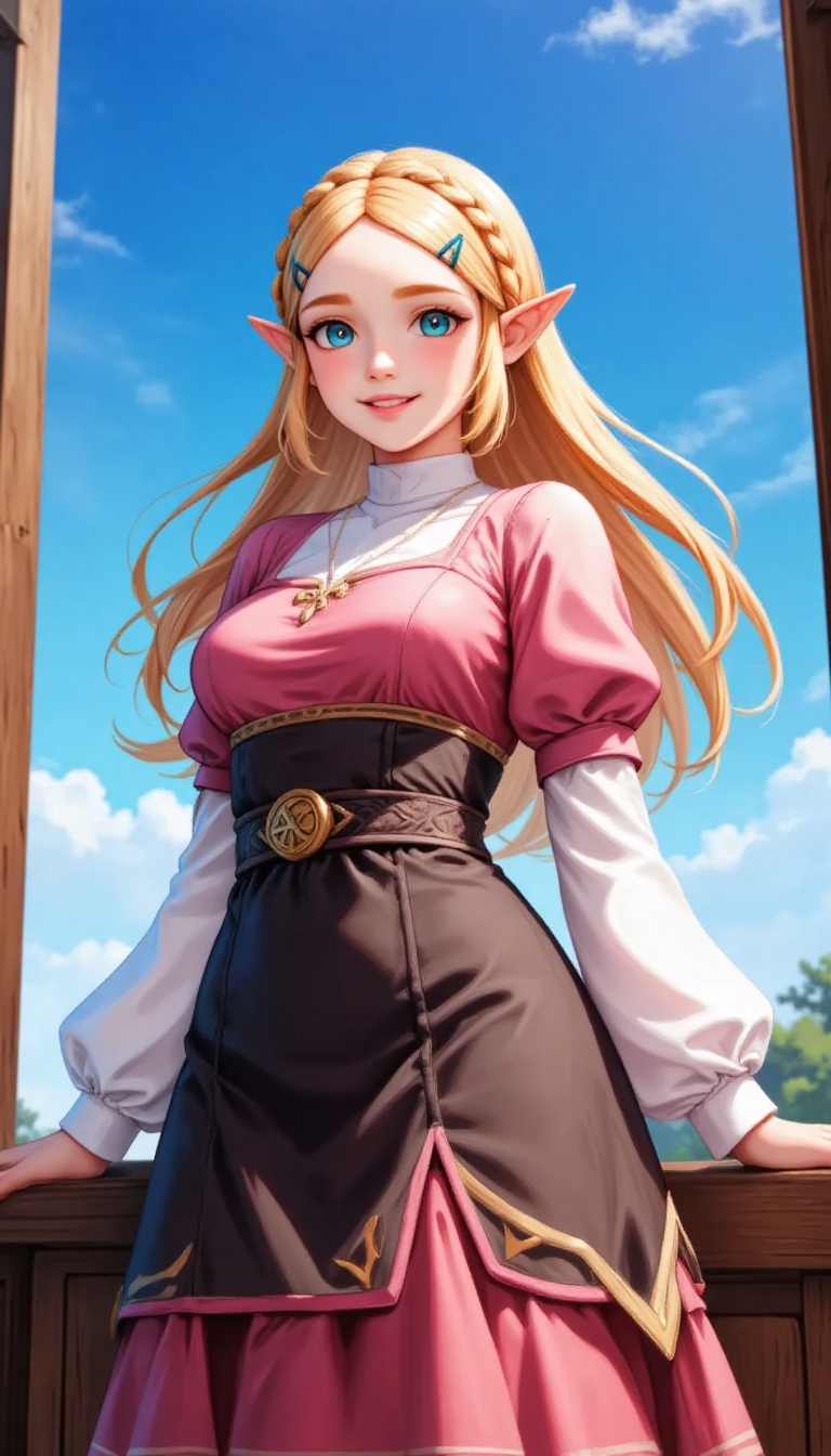 prince zelda with blue eyes and long blonde hair stands in front of a window. She is wearing a pink and black dress with a...