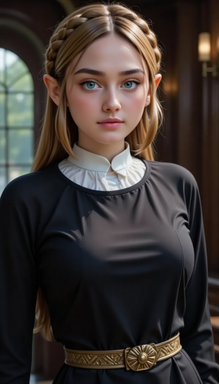 Serene portrait of Zelda,  her piercing blue eyes locked onto the viewer as she stands tall in a black long-sleeved shirt...