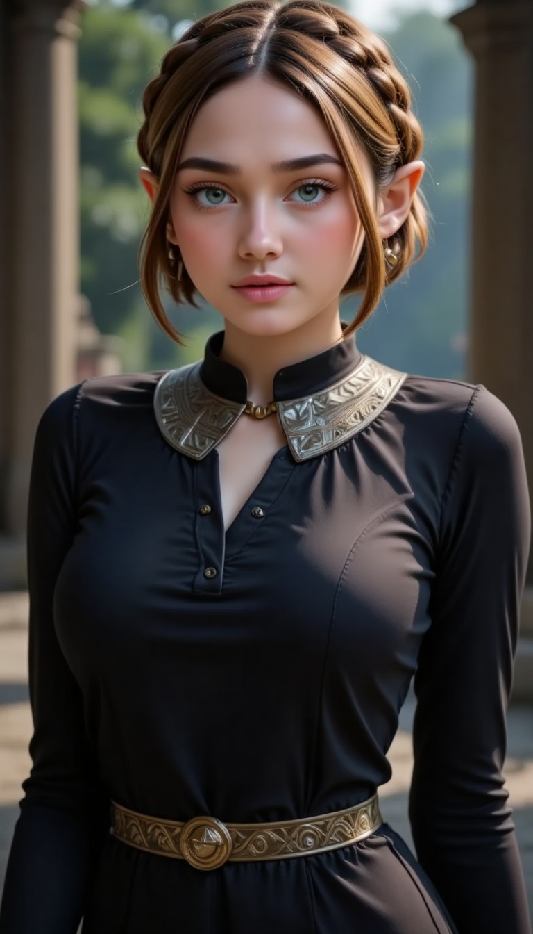 Serene portrait of Zelda,  her piercing blue eyes locked onto the viewer as she stands tall in a black long-sleeved shirt...