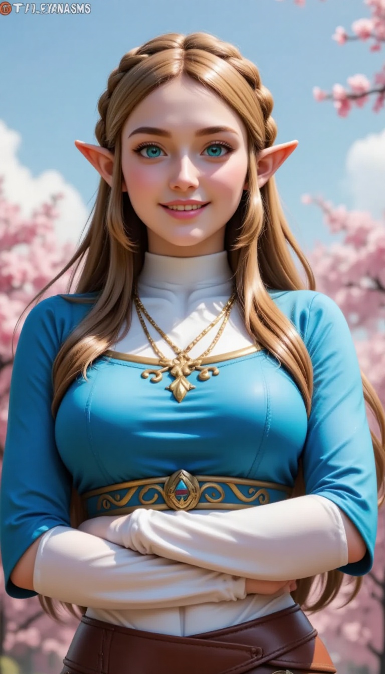 A regal Prince Zelda stands before a serene backdrop of soft pink cherry blossoms against a pale blue sky with gentle whit...