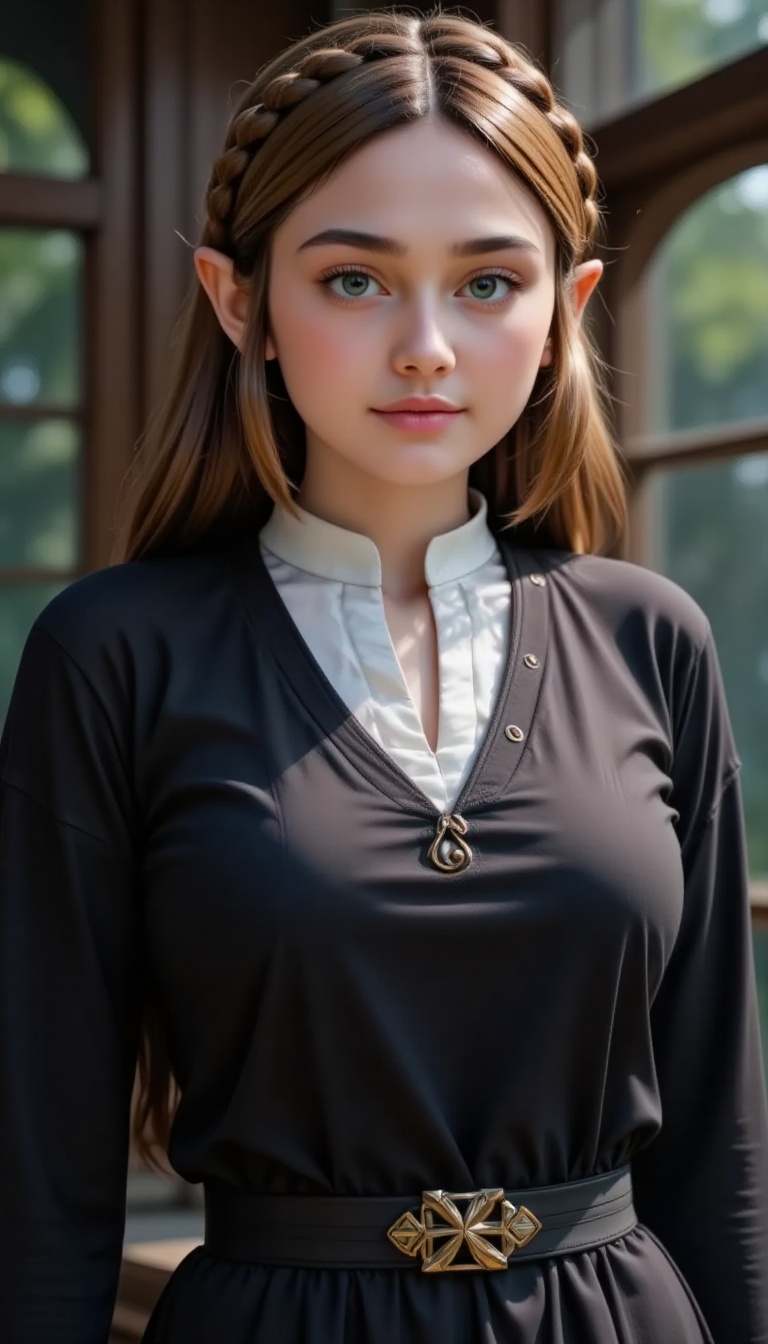Serene portrait of Zelda,  her piercing blue eyes locked onto the viewer as she stands tall in a black long-sleeved shirt...