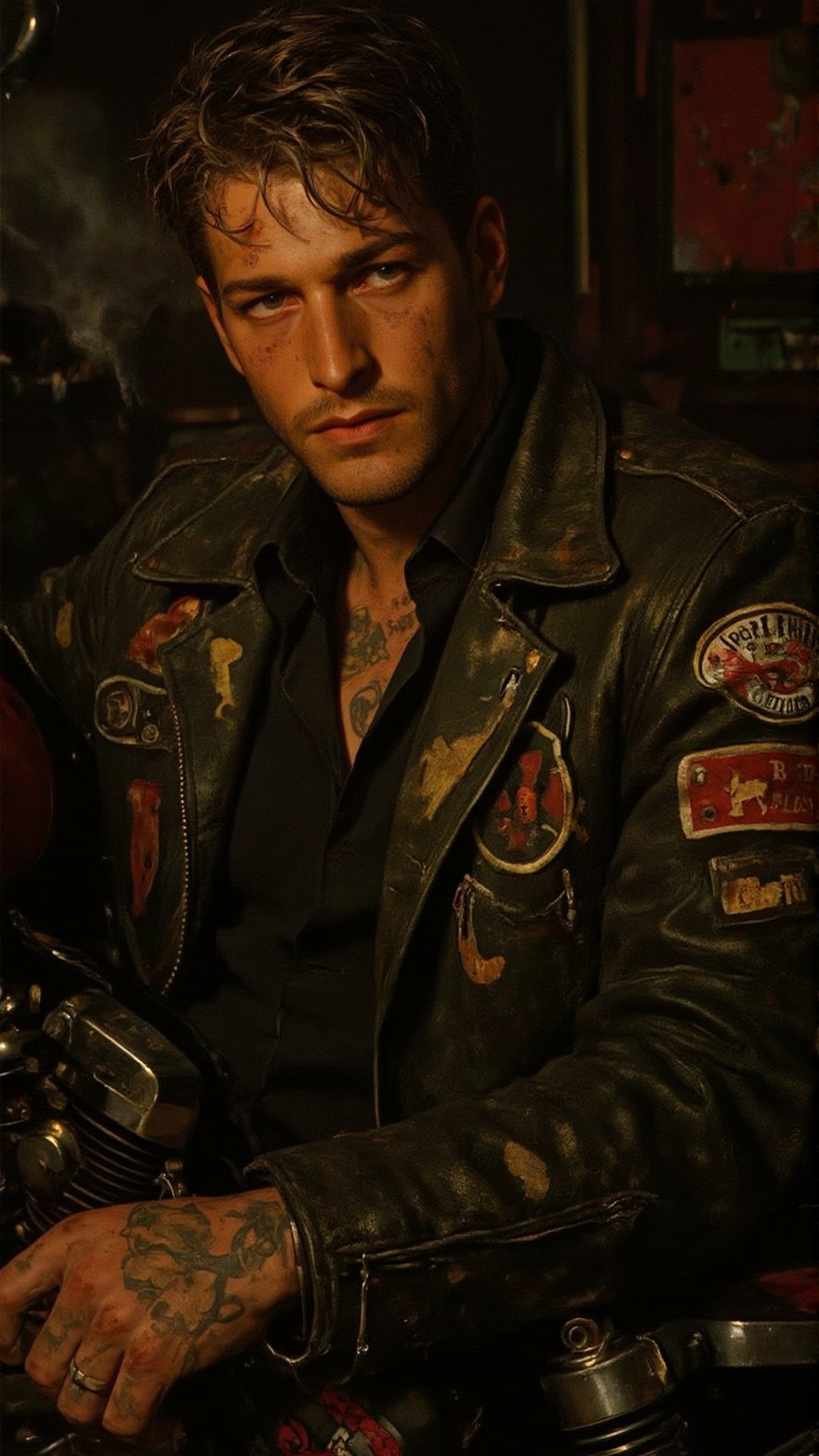 A gritty,  cinematic portrait of a rugged,  tired biker leaning against his motorcycle on Tensor.Art