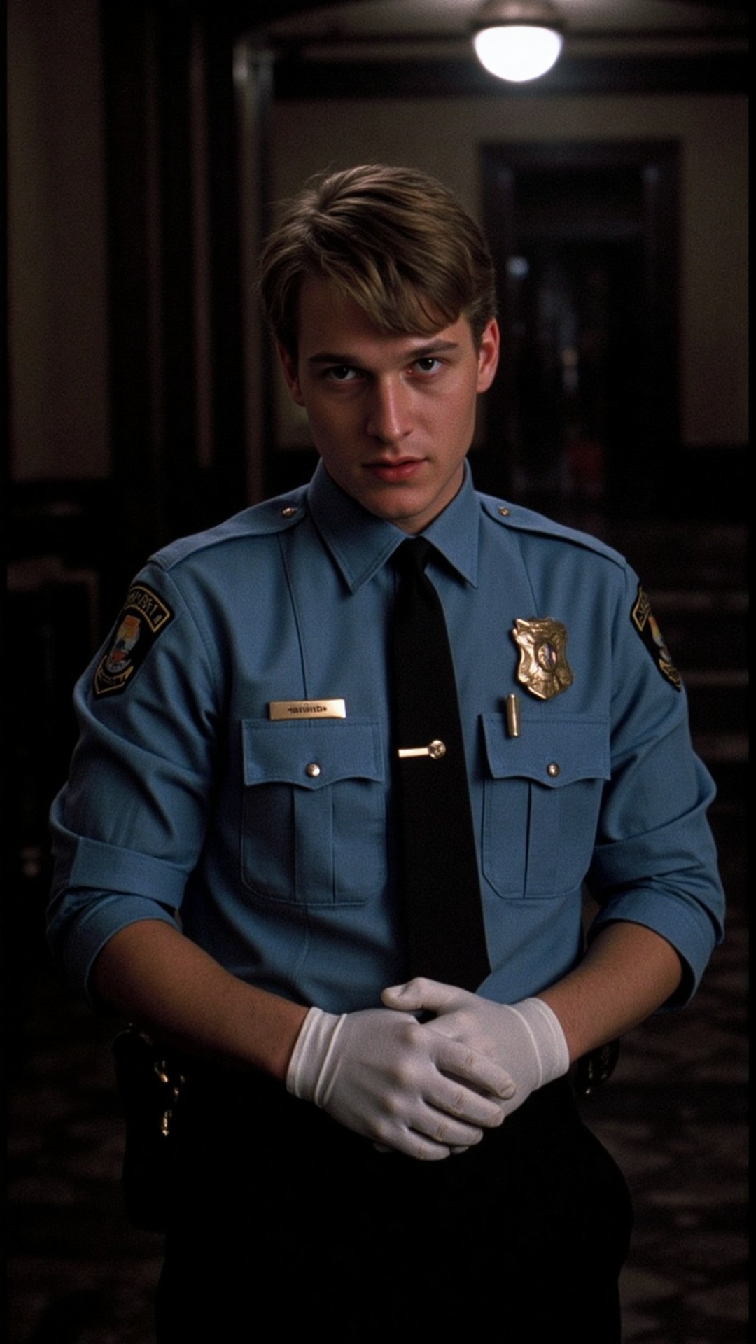 A young slim policeman investigating. Wearing 90s police uniform: rich light blue rolled up sleeves shirts,  black ties,...