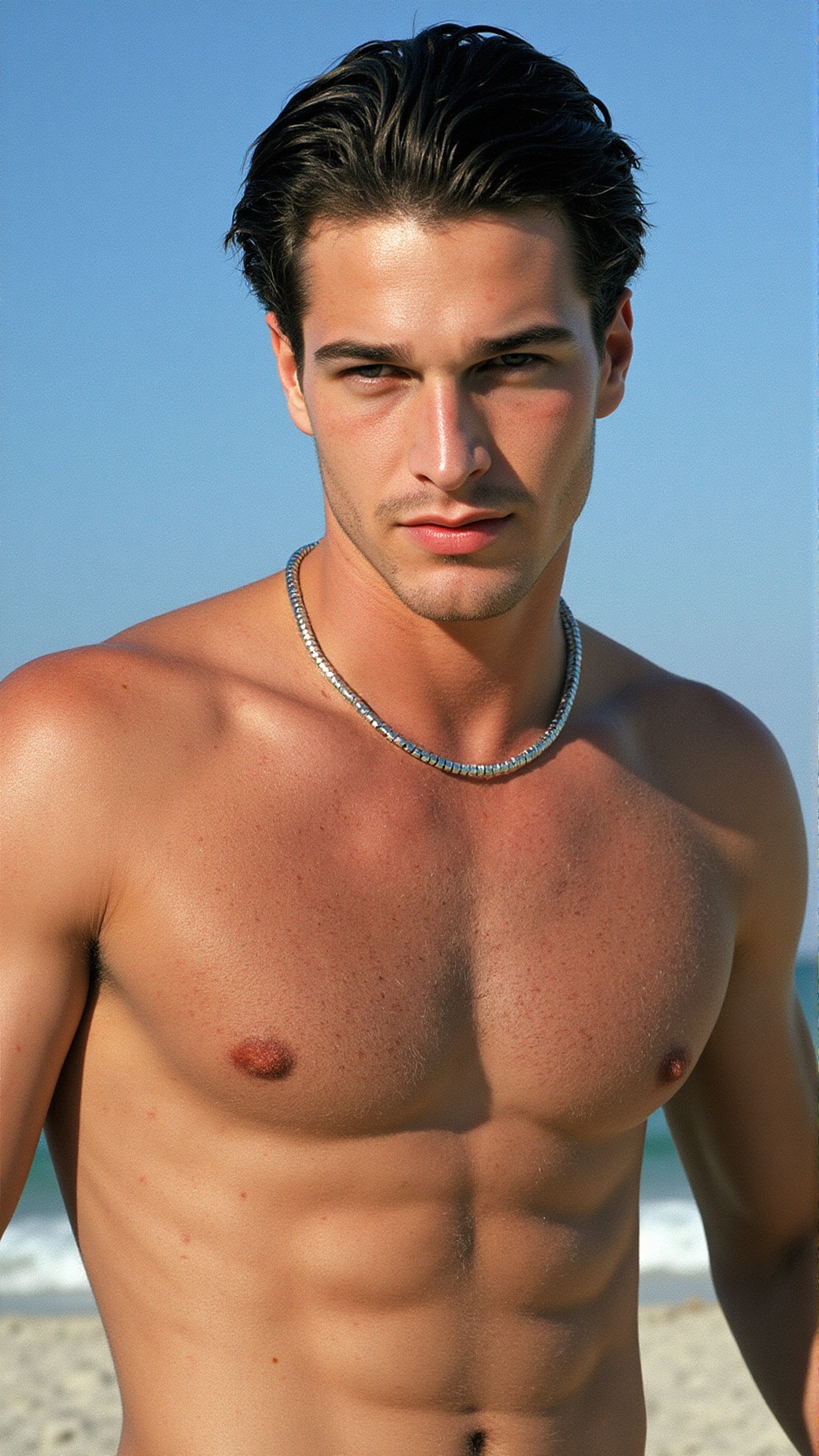 a young athletic man with dark swept-back hair,  defined cheekbones and strong jawline,  striking features with intense ga...
