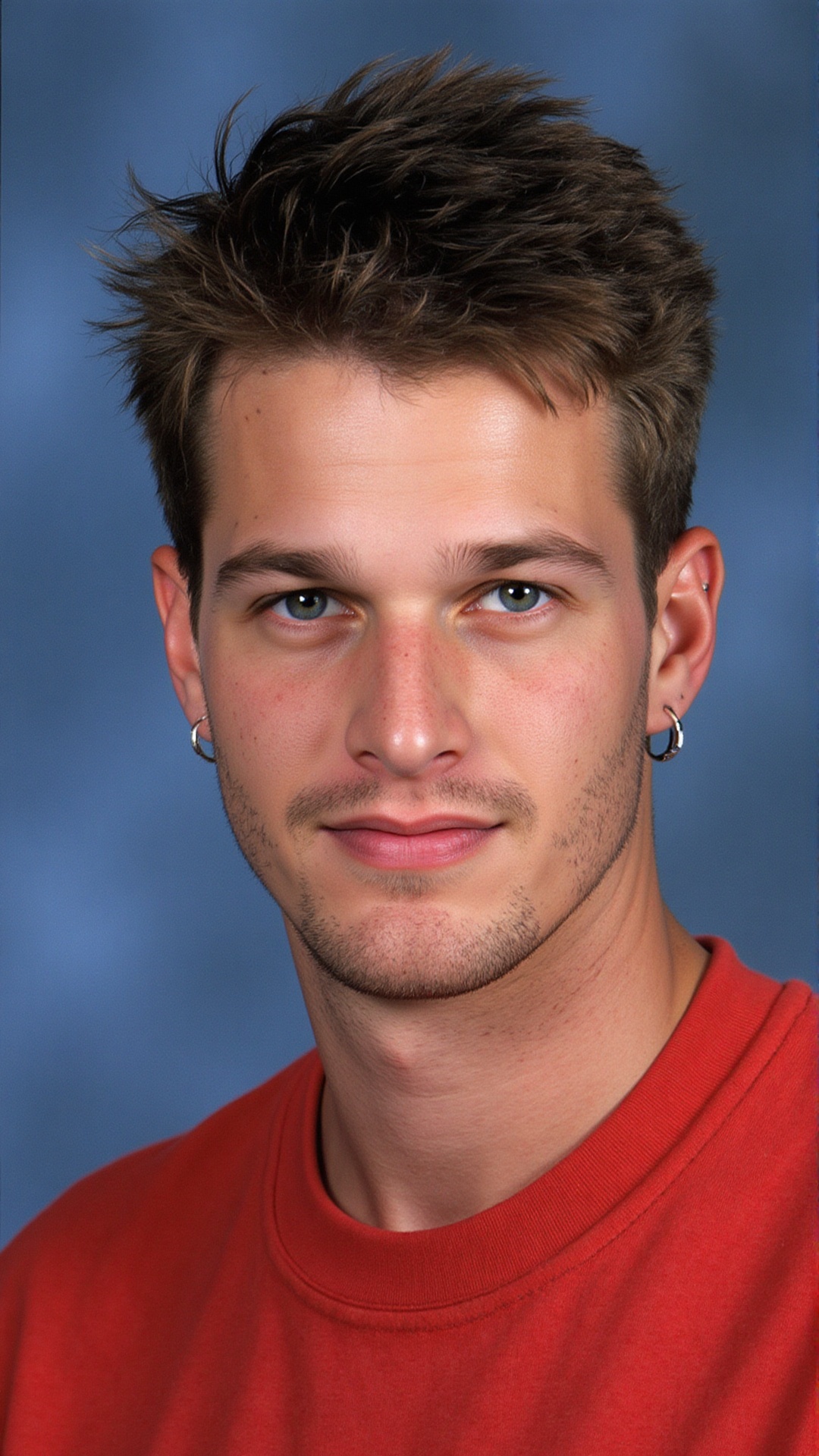Senior High School Yearbook Photo: A portrait image of a handsome male model with brown hair and defined jawline,  posing...