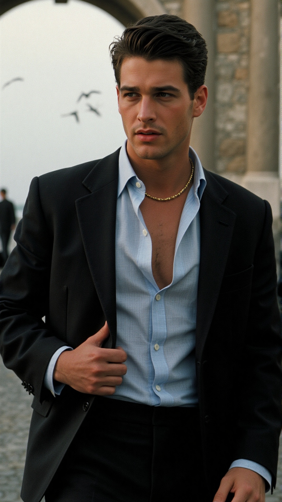 An amazing and cinematic depiction of a young man. He wears a light blue shirt with a few buttons undone,  revealing a del...